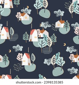 Seamless pattern with night, winter cottages, fir trees and skis in the snow. Winter holidays background. Winter recreation concept