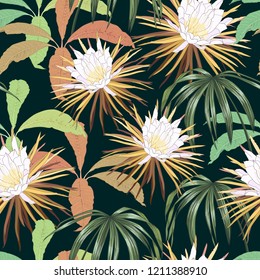 Seamless pattern with night-blooming cereus flowers and tropical leaves on dark background. Stylish vector background.