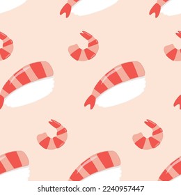 Seamless pattern with nigiri and shrimps. Sushi with shrimp. Asian food in flat style