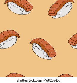 Seamless pattern with nigiri sushi on pastel beige background. Hand drawn vector illustration.