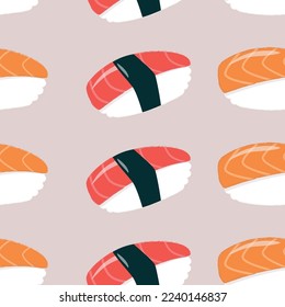 Seamless pattern with nigiri. Sushi with tuna and salmon. Asian food in flat style