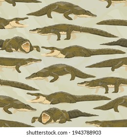 Seamless pattern with Nile crocodile Crocodylus niloticus. Wild reptile of Africa. Realistic wild vector animals