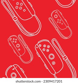 Seamless pattern of Nintendo Switch game controllers. Vector illustration in hand-drawn outline flat style on red background