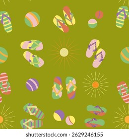 seamless pattern with no background, consisting of colorful flip-flops, balls