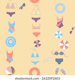 padrão perfeito sem fundo, consistindo de chinelos coloridos, bolas e guarda-chuvas do sol