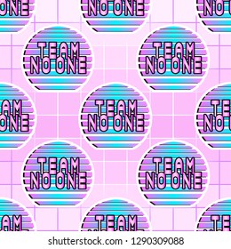 Seamless pattern with “team no one” patches. Vector wallpaper with stickers in pastel goth style. Gradient grid background.