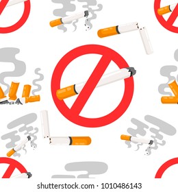 Seamless pattern of no smoking forbidden signs with flat cigarette with smoke vector illustration on white background website page and mobile app design.