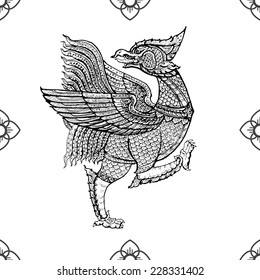 Seamless pattern of Nok Thet bird ,Thai tradition art,on white 