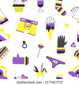 Seamless pattern with nonbinary symbols and flags. Vector background for lgbtq+ pride with genderqueer elements.