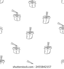 Patrón sin fisuras Fideos con palillos en una caja, icono de garabato. Ilustración vectorial de comida china, udon.