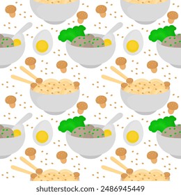 seamless pattern of noodles and eggs, and noodles and meatballs redesign in a bowl with chopsticks on it
