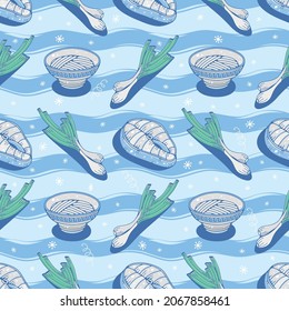 Seamless pattern with noodles. Seamless pattern with fish, noodles, green onions. Cute illustrations in blue tones.