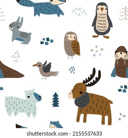 Seamless pattern with Nordic animals and arctic cold climate elements. Vector illustration isolated on white background for your design