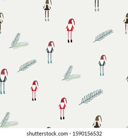 Seamless pattern with Nordic gnomes and pine tree spruce. Beautiful festive design with elves decorations. For wrapping paper, textiles, fabric. Flat cartoon style vector illustration.