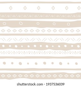 Seamless pattern with Nordic ornament. Hand drawn illustration with simple symbols and elements on white and beige lines. For textile, packaging, wallpaper. Monochrome vector decor.