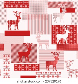 Seamless pattern with nordic reindeer. Red and white background decorated northern ornament. Scandinavian style. Vector illustration.