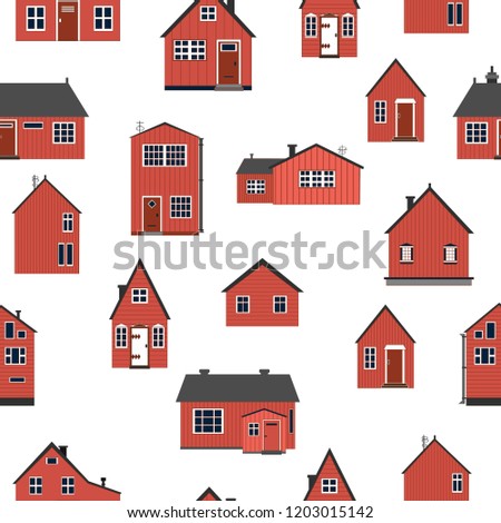 Seamless pattern with Nordic style wooden houses,  perfect for wraps, bachgrounds and wallpapers