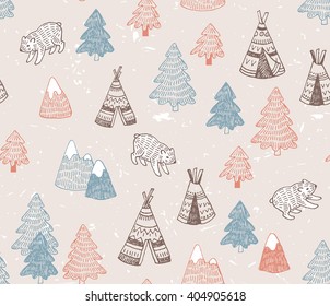 Seamless pattern with North American Indian tipi homes with tribal ornament, elements of forest and mountains, bear.  Vector hand drawn surface design.