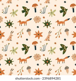 Seamless pattern with north forest flowers and animals. Modern botanical background. Vector illustration