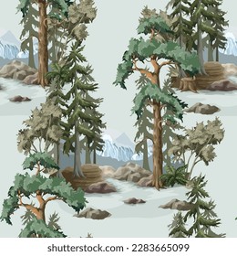 Seamless pattern with North landscape, firs,mountane and river. Vector