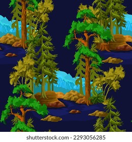 Seamless pattern with North landscape, firs,mountane and river. Vector.