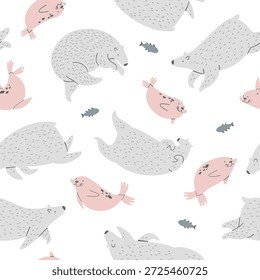  Padrão contínuo com animais do norte. Ursos polares, focas e peixes nadam debaixo d'água. Padrão desenhado à mão vetorial para têxteis e papel de parede.