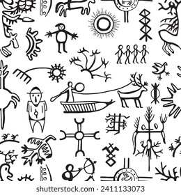 Seamless pattern with northern styled ornament and doodle elements of unuit, chukchi, American native art, mystical emblems