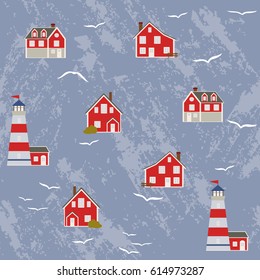 Seamless pattern with Norway houses and lighthouse