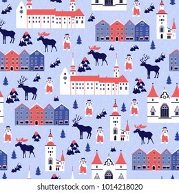 Seamless pattern, Norwegian cartoon vector winter background, Norway landmark Bryggen, Bergen, Akershus Fortress, Stavanger Cathedral, Scandinavian decorative cityscape flat style, for holiday design