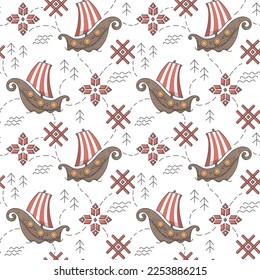 Seamless pattern. Norwegian wallpaper: drakkar, viking, sea, pattern, doodle. Textile ornament for wallpaper, for fabric, for children, for adults.