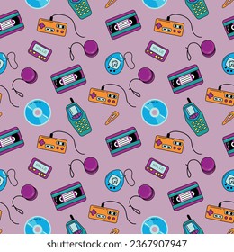 Seamless pattern of nostalgia phone, set-top box, joystick, videotape, Tamagotchi. Retro 90s.