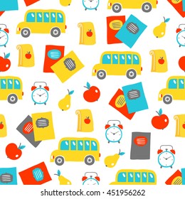 Seamless pattern with notebook, alarm clock, breakfast package, apple, pear and bus. Back to school. Perfect for wallpaper, wrapping paper, greeting card 