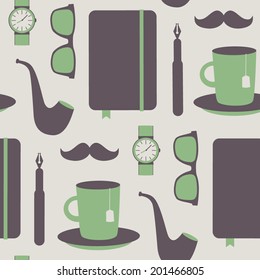 Seamless pattern with notebook, pen, glasses, smoking pipe, cup of tea and mustache. Vector illustration.  