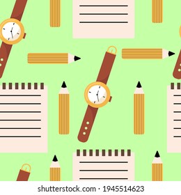 
Seamless pattern notebook with pencil and wristwatch with leather buckle, classic mechanical watch, vector icon in flat style on a white background.