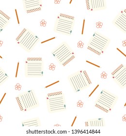 Seamless pattern of notebook and pencils on white background. Vector design for paper print business, fabric or wallpaper art. 