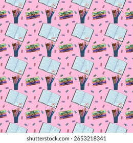 Padrão perfeito com notebooks, livros, lápis, clipes de papel ilustração em fundo rosa. Para voltar ao tema da escola, material escolar ou de escritório, design de papelaria, impressão têxtil e papel de embrulho.