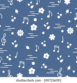 Seamless pattern of notes, flowers, leaves. Template for design, fabric, print.