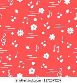 Seamless pattern of notes, flowers, leaves. Template for design, fabric, print.