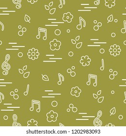 Seamless pattern of notes, flowers, leaves. Template for design, fabric, print.