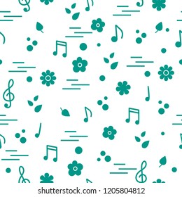 Seamless pattern of notes, flowers, leaves. Template for design, fabric, print.