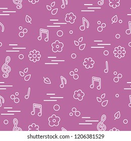 Seamless pattern of notes, flowers, leaves. Template for design, fabric, print.