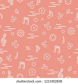 Seamless pattern of notes, flowers, leaves. Template for design, fabric, print.