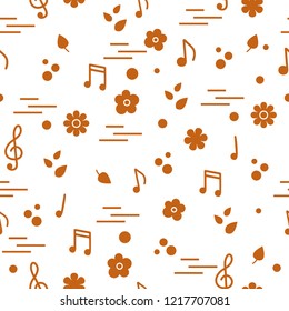 Seamless pattern of notes, flowers, leaves. Template for design, fabric, print.