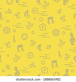 Seamless pattern of notes, flowers, leaves. Template for design, fabric, print. Illuminating and Ultimate Gray.