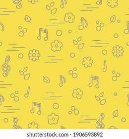 Seamless pattern of notes, flowers, leaves. Template for design, fabric, print. Illuminating and Ultimate Gray.