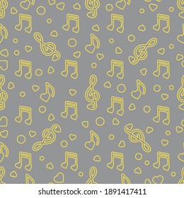 Seamless pattern with notes, hearts. Birthday, Valentine's day, Mother's Day, Father's day, wedding vector romantic background. Template Illuminating and Ultimate Gray