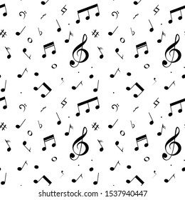 Seamless pattern with notes, treble clef and other musical staff. Musician concept background