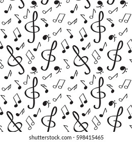 Seamless pattern with notes, treble clef, stave. Musical background.