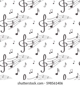 Seamless pattern with notes, treble clef, stave. Musical background.