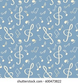 Seamless pattern with notes, treble clef, stave. Musical background.